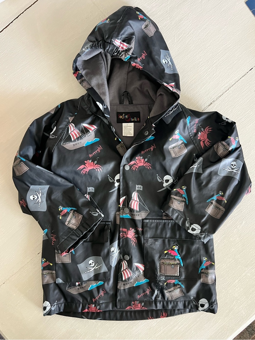 Foxfire for Kids Pirate Raincoat Size 5 Black Hooded Waterproof Jacket